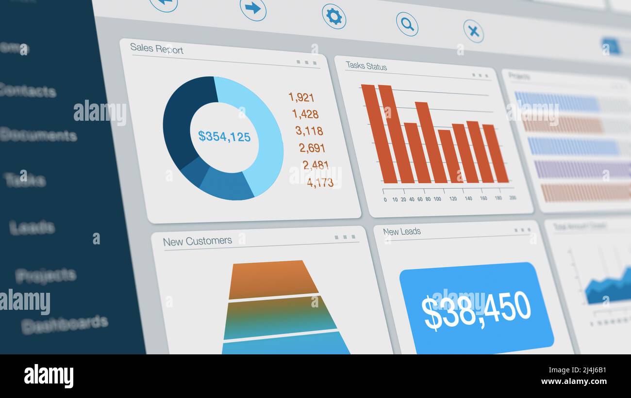 close up of a computer monitor dashboard view of an erp software enterprise resource planning or a crm software customer relationship management ch 2J4J6B1
